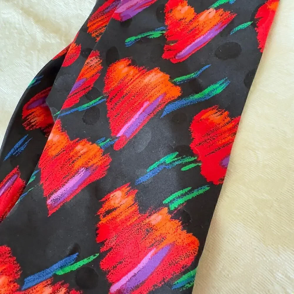 Vintage Addiction Hopeless Romantic Silk Tie Black w/ Red Hearts 1990’s Novelty